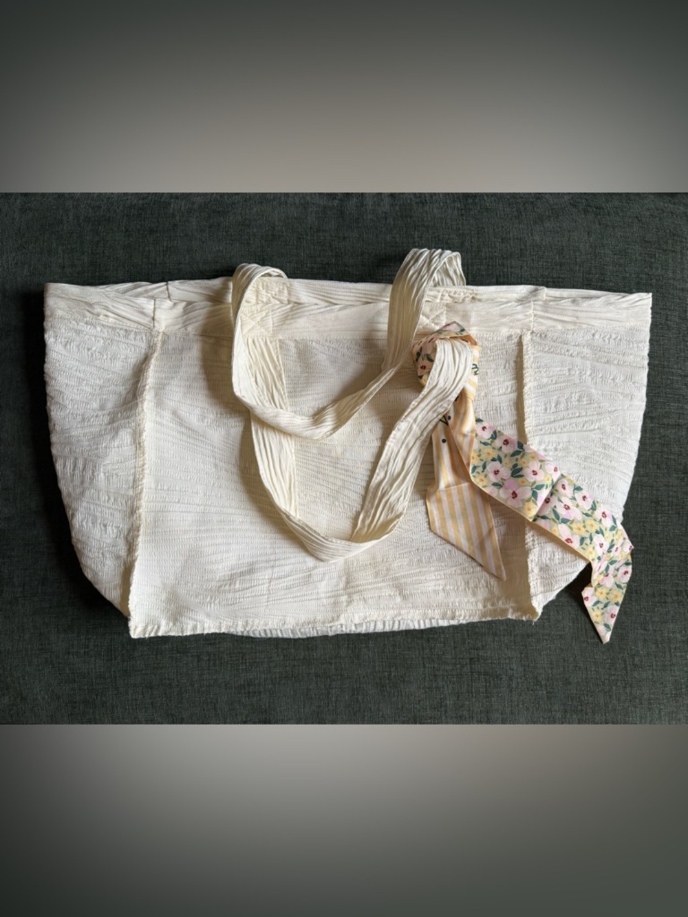 Cream Textured Beach Tote Bag with Floral Scarf